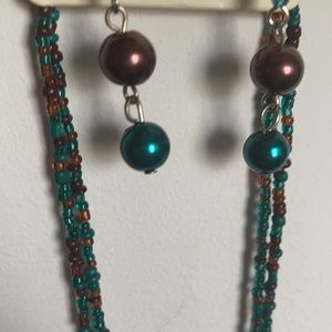 Turquoise and brown beaded necklace with matching earrings